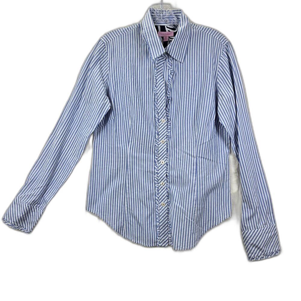 Lilly Pulitzer Women's Blue & White Striped Button Down Ruffle Shirt Size 10 - Picture 1 of 14